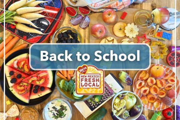 Back to School graphic for NM Fresh Local Month, featuring a spread of healthy fruits and vegetables