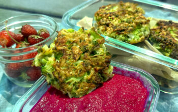 Broccoli & Turnip Fritters with Beet and Garlic Dip