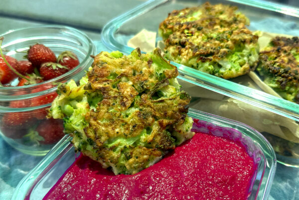 Broccoli & Turnip Fritters with Beet and Garlic Dip
