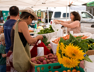 Customers shopping for fresh produce at a New Mexico farmers' market