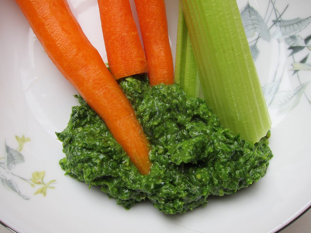 Pesto is a fantastic accompaniment to raw carrots, celery, or other vegetables.